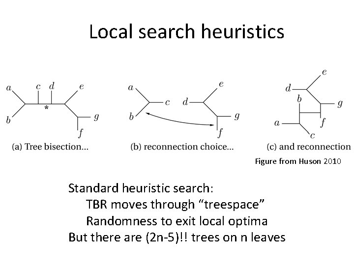 Local search heuristics Figure from Huson 2010 Standard heuristic search: TBR moves through “treespace”