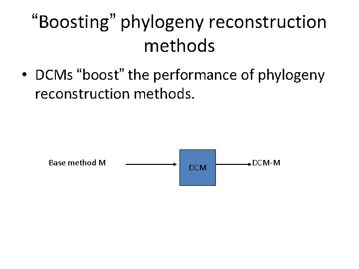 “Boosting” phylogeny reconstruction methods • DCMs “boost” the performance of phylogeny reconstruction methods. Base