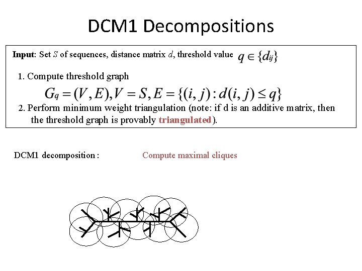 DCM 1 Decompositions Input: Set S of sequences, distance matrix d, threshold value 1.