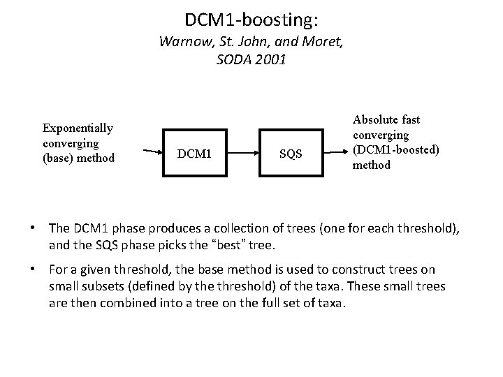 DCM 1 -boosting: Warnow, St. John, and Moret, SODA 2001 Exponentially converging (base) method