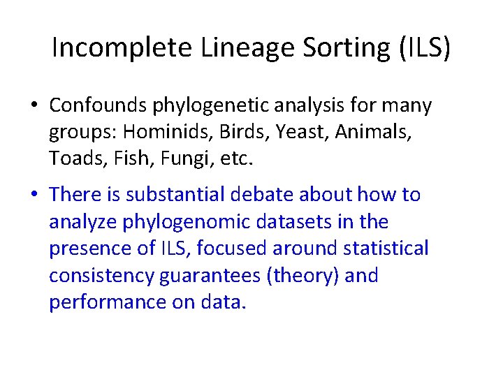 Incomplete Lineage Sorting (ILS) • Confounds phylogenetic analysis for many groups: Hominids, Birds, Yeast,