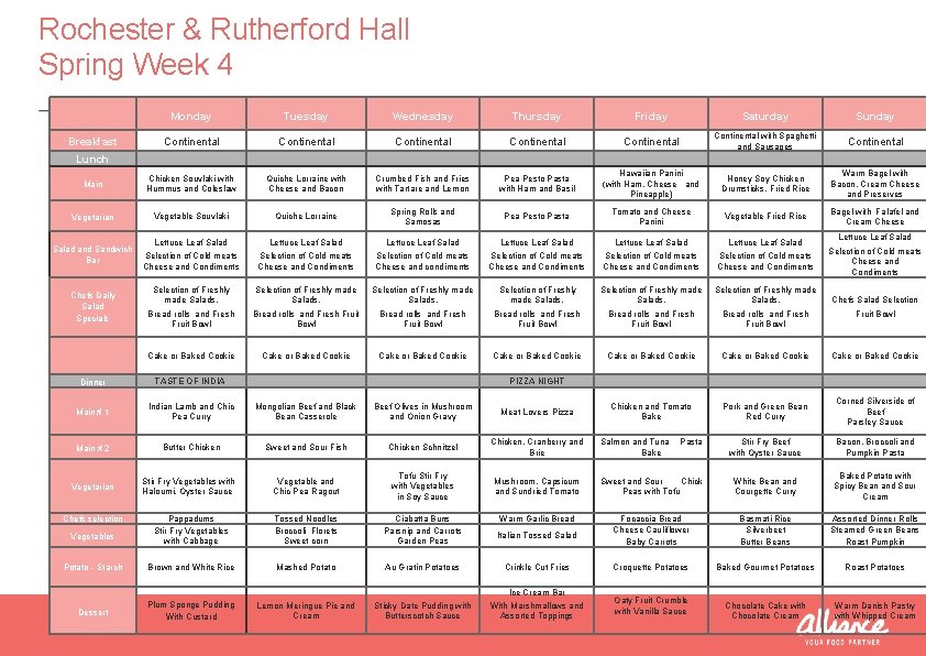 Rochester & Rutherford Hall Spring Week 4 Monday Tuesday Wednesday Thursday Friday Saturday Sunday