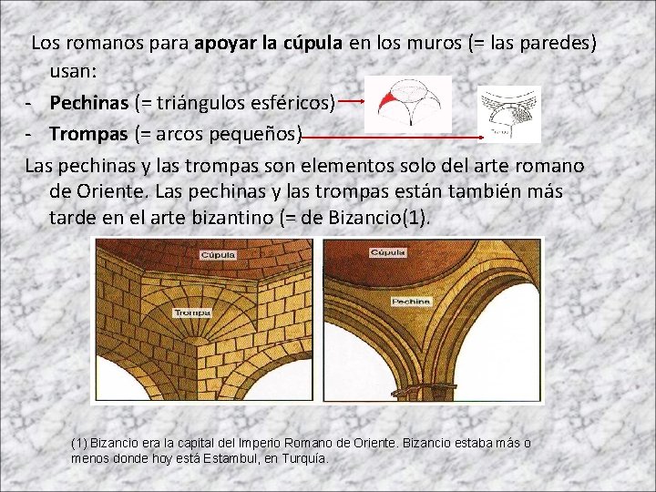 Los romanos para apoyar la cúpula en los muros (= las paredes) usan: -