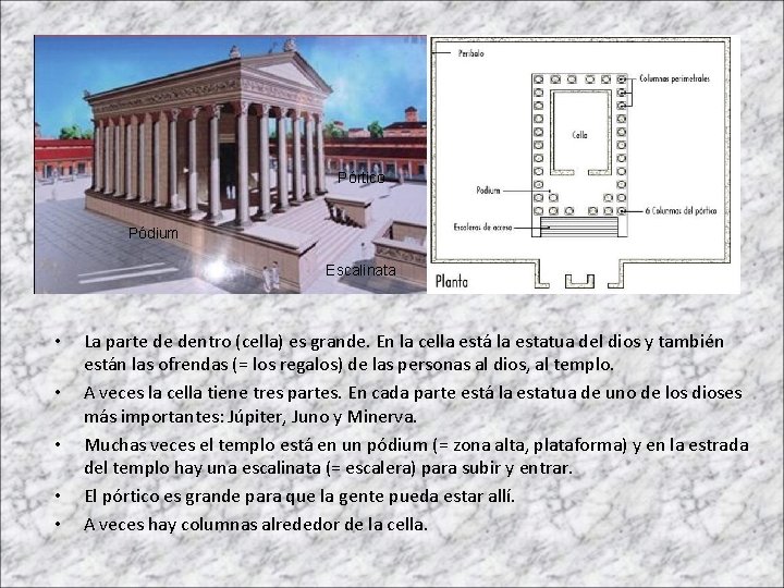 Pórtico Pódium Escalinata • • • La parte de dentro (cella) es grande. En