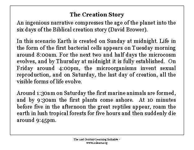 The Creation Story An ingenious narrative compresses the age of the planet into the The Creation Story An ingenious narrative compresses the age of the planet into the