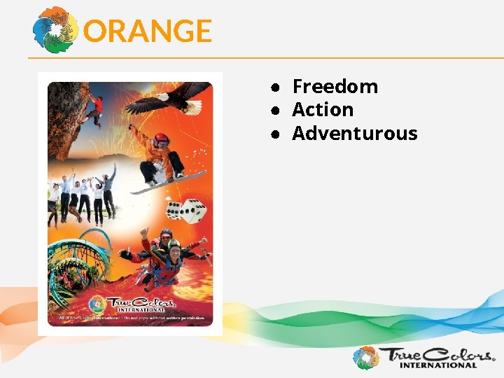 ORANGE ● Freedom ● Action ● Adventurous 