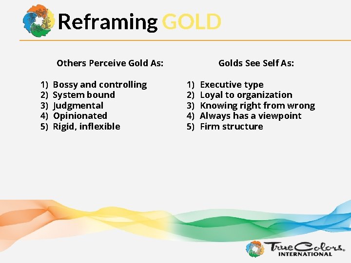 Reframing GOLD Others Perceive Gold As: 1) 2) 3) 4) 5) Bossy and controlling