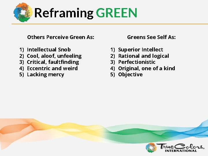 Reframing GREEN Others Perceive Green As: 1) 2) 3) 4) 5) Intellectual Snob Cool,