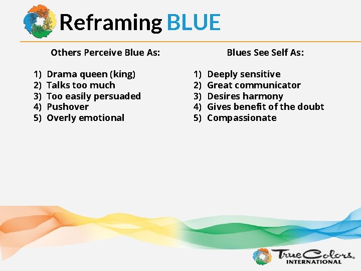 Reframing BLUE Others Perceive Blue As: 1) 2) 3) 4) 5) Drama queen (king)