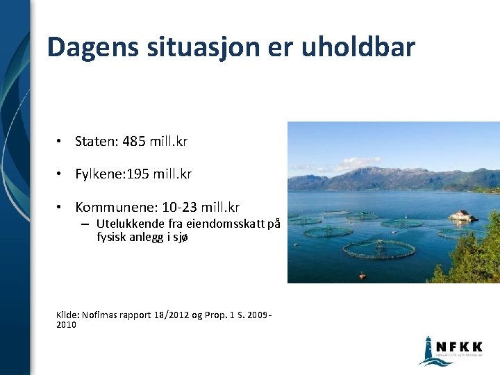 Dagens situasjon er uholdbar • Staten: 485 mill. kr • Fylkene: 195 mill. kr Dagens situasjon er uholdbar • Staten: 485 mill. kr • Fylkene: 195 mill. kr