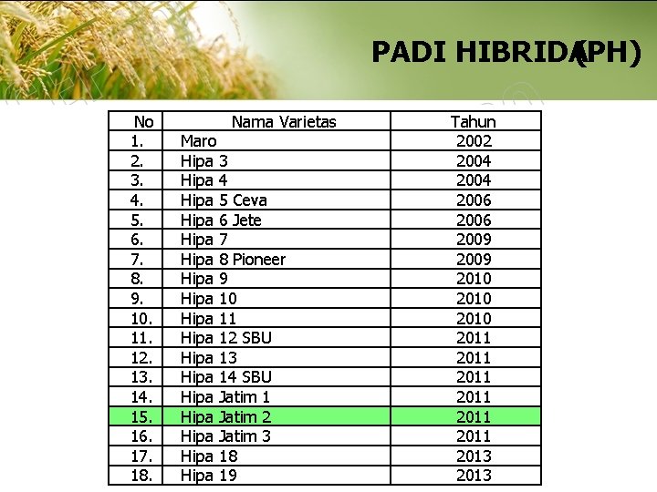 PADI HIBRIDA (PH) No 1. 2. 3. 4. 5. 6. 7. 8. 9. 10.