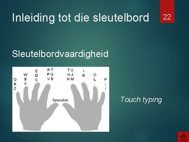 Inleiding tot die sleutelbord Sleutelbordvaardigheid Touch typing 22 