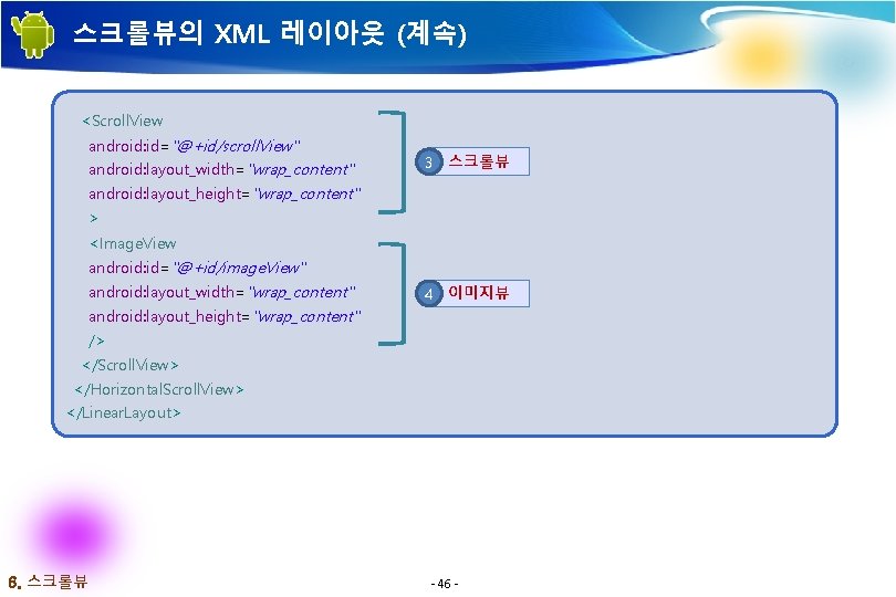스크롤뷰의 XML 레이아웃 (계속) <Scroll. View android: id="@+id/scroll. View" android: layout_width="wrap_content" 3 스크롤뷰 android:
