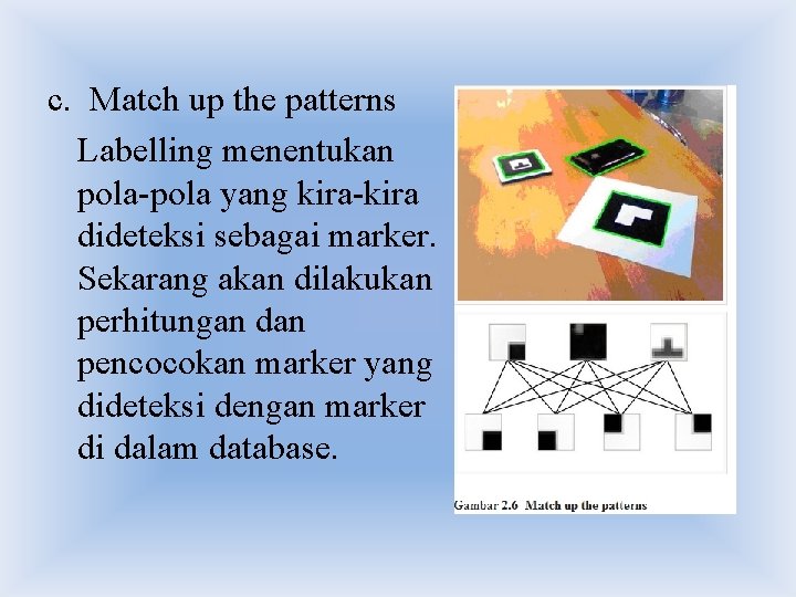 c. Match up the patterns Labelling menentukan pola-pola yang kira-kira dideteksi sebagai marker. Sekarang c. Match up the patterns Labelling menentukan pola-pola yang kira-kira dideteksi sebagai marker. Sekarang