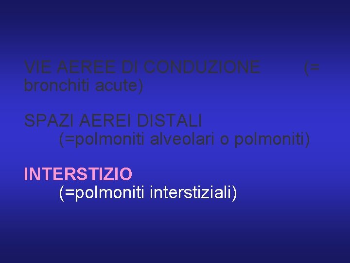 VIE AEREE DI CONDUZIONE bronchiti acute) (= SPAZI AEREI DISTALI (=polmoniti alveolari o polmoniti)