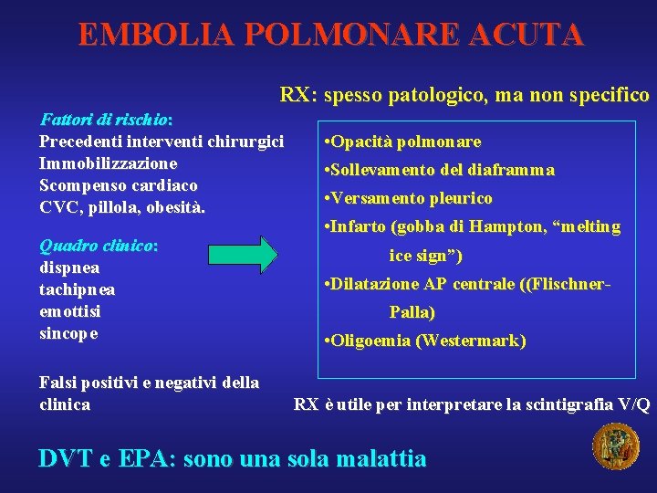EMBOLIA POLMONARE ACUTA RX: spesso patologico, ma non specifico Fattori di rischio: Precedenti interventi