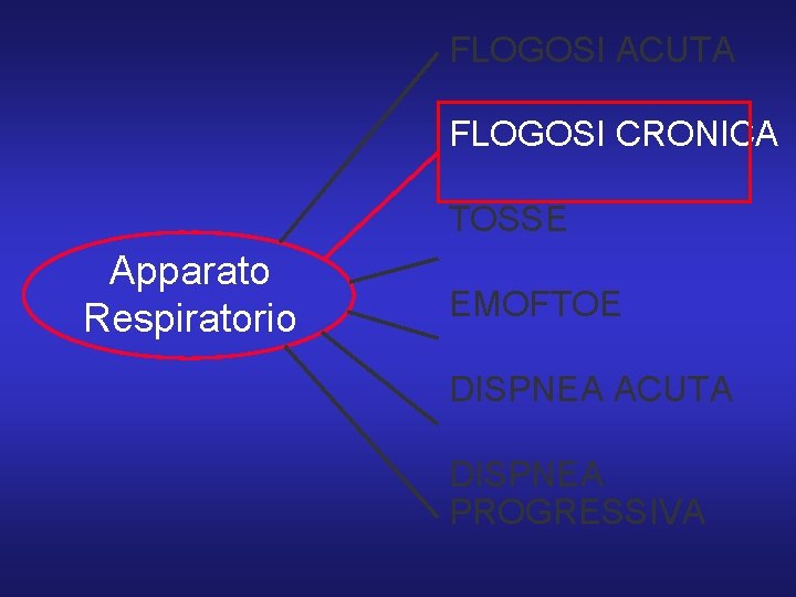 FLOGOSI ACUTA FLOGOSI CRONICA TOSSE Apparato Respiratorio EMOFTOE DISPNEA ACUTA DISPNEA PROGRESSIVA 