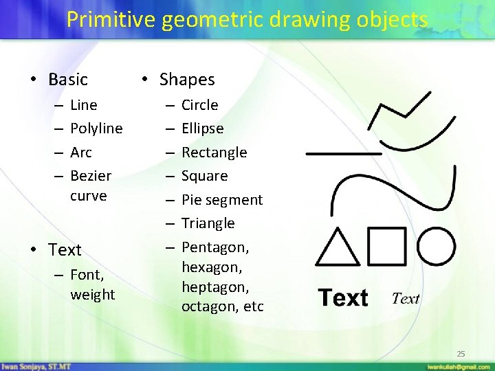 Primitive geometric drawing objects • Basic – – Line Polyline Arc Bezier curve •