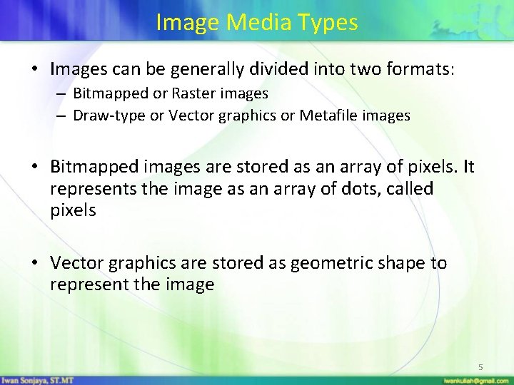 Image Media Types • Images can be generally divided into two formats: – Bitmapped