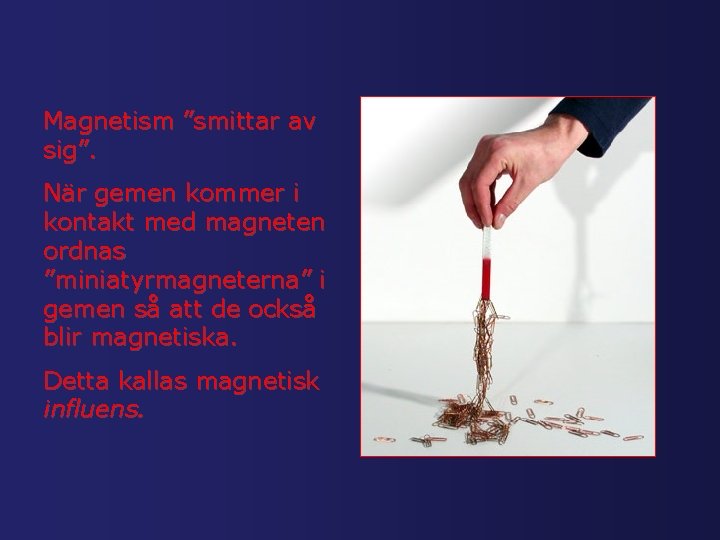 Magnetism ”smittar av sig”. När gemen kommer i kontakt med magneten ordnas ”miniatyrmagneterna” i