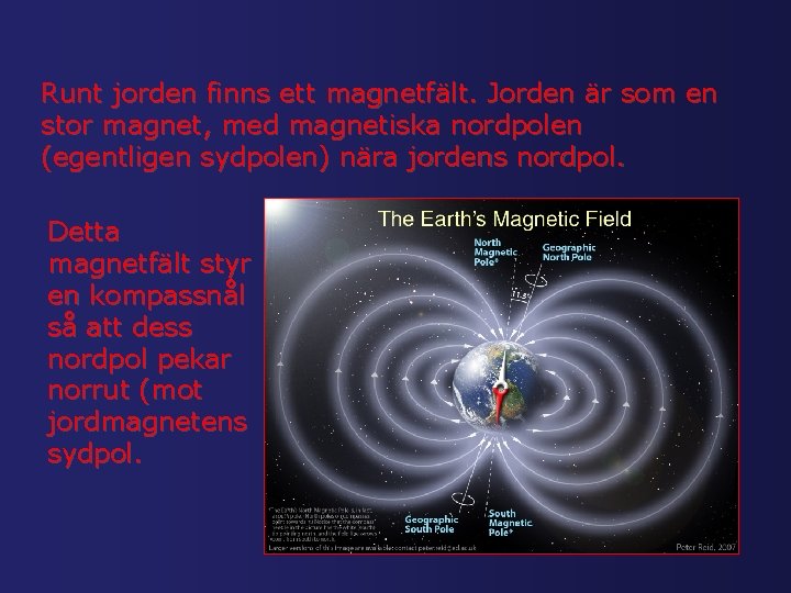 Runt jorden finns ett magnetfält. Jorden är som en stor magnet, med magnetiska nordpolen