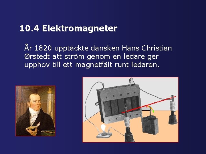 10. 4 Elektromagneter År 1820 upptäckte dansken Hans Christian Ørstedt att ström genom en