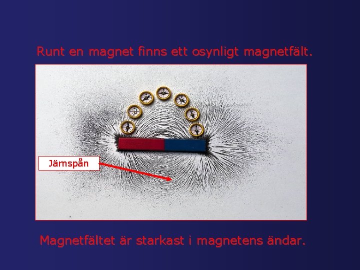 Runt en magnet finns ett osynligt magnetfält. Järnspån Magnetfältet är starkast i magnetens ändar.