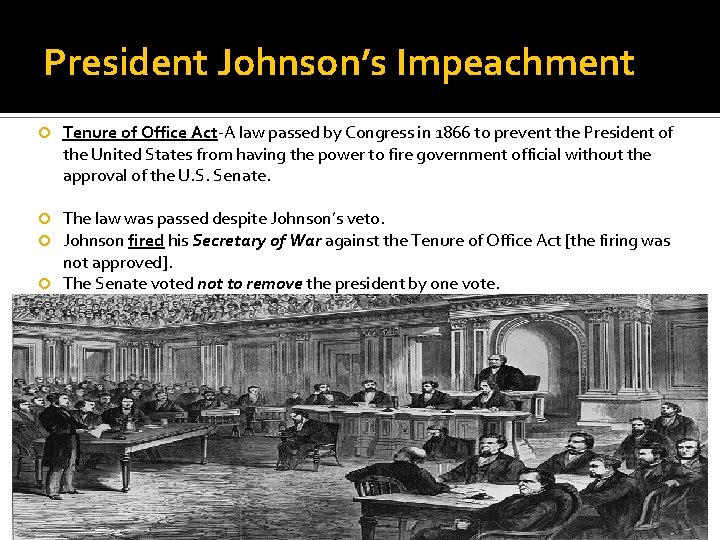 President Johnson’s Impeachment Tenure of Office Act-A law passed by Congress in 1866 to