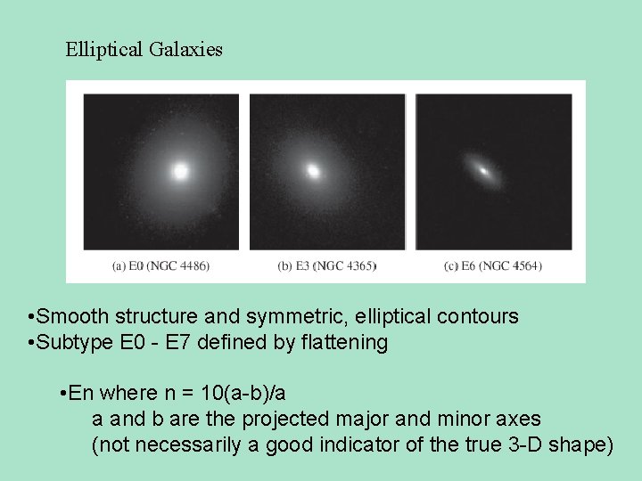 Elliptical Galaxies • Smooth structure and symmetric, elliptical contours • Subtype E 0 -