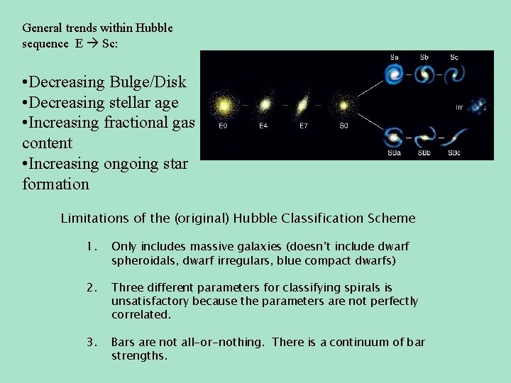 General trends within Hubble sequence E Sc: • Decreasing Bulge/Disk • Decreasing stellar age