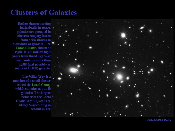 Clusters of Galaxies Rather than occurring individually in space, galaxies are grouped in clusters