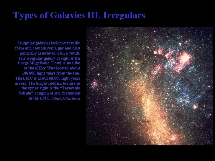 Types of Galaxies III. Irregulars Irregular galaxies lack any specific form and contain stars,