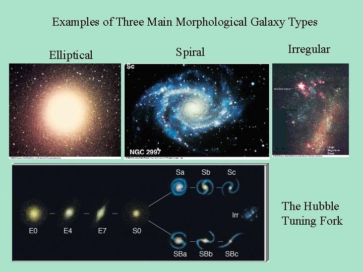 Examples of Three Main Morphological Galaxy Types Elliptical Spiral Irregular The Hubble Tuning Fork