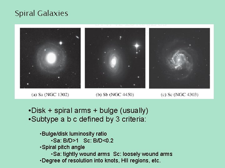 Spiral Galaxies • Disk + spiral arms + bulge (usually) • Subtype a b