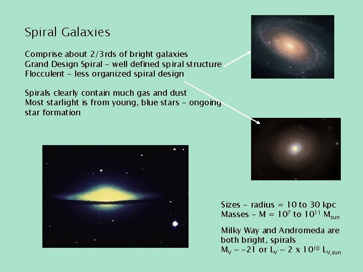 Spiral Galaxies Comprise about 2/3 rds of bright galaxies Grand Design Spiral - well
