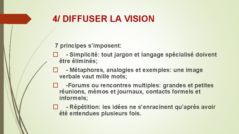 4/ DIFFUSER LA VISION 7 principes s’imposent: � - Simplicité: tout jargon et langage 4/ DIFFUSER LA VISION 7 principes s’imposent: � - Simplicité: tout jargon et langage