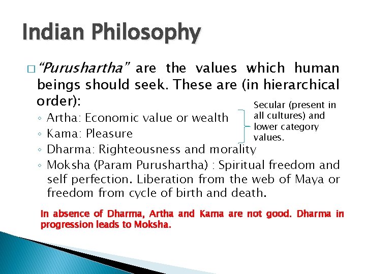 Indian Philosophy � “Purushartha” are the values which human beings should seek. These are