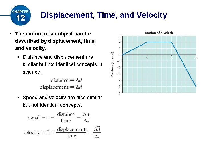 CHAPTER 12 Displacement, Time, and Velocity • The motion of an object can be