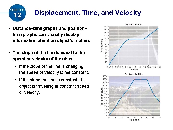 CHAPTER 12 Displacement, Time, and Velocity • Distance–time graphs and position– time graphs can CHAPTER 12 Displacement, Time, and Velocity • Distance–time graphs and position– time graphs can