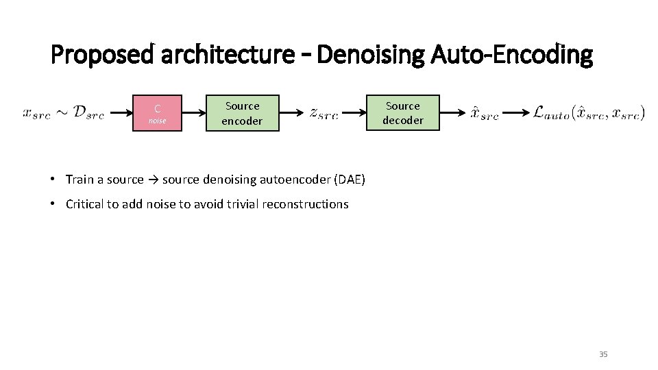 Proposed architecture – Denoising Auto-Encoding C noise Source encoder Source decoder • Train a