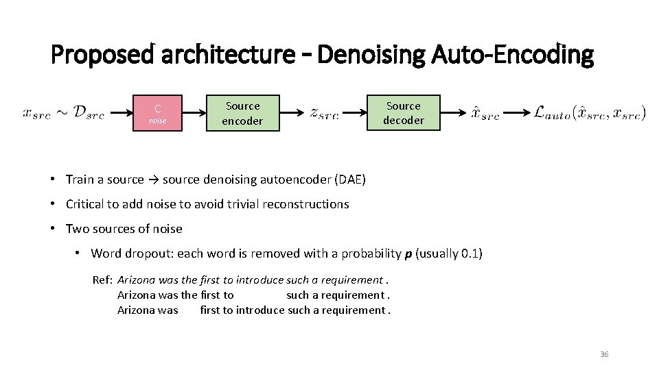 Proposed architecture – Denoising Auto-Encoding C noise Source encoder Source decoder • Train a