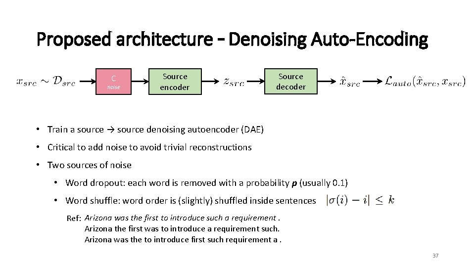 Proposed architecture – Denoising Auto-Encoding C noise Source encoder Source decoder • Train a