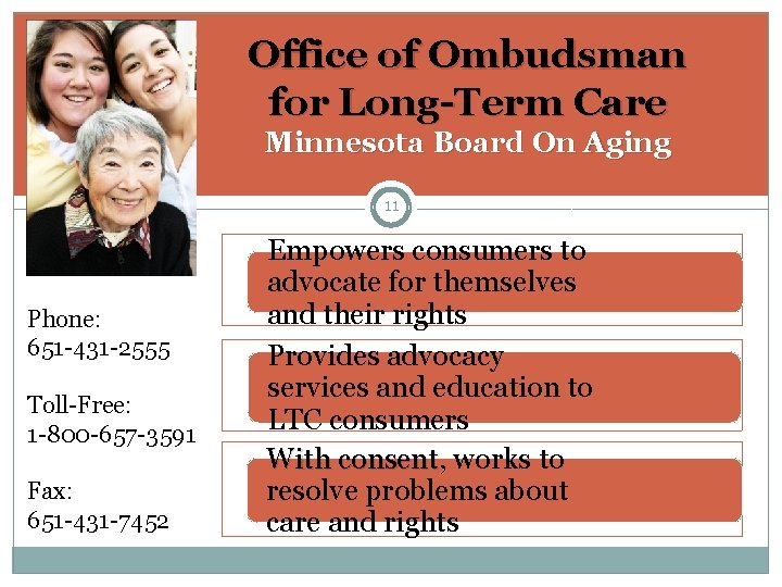 Office of Ombudsman for Long-Term Care Minnesota Board On Aging 11 Phone: 651 -431