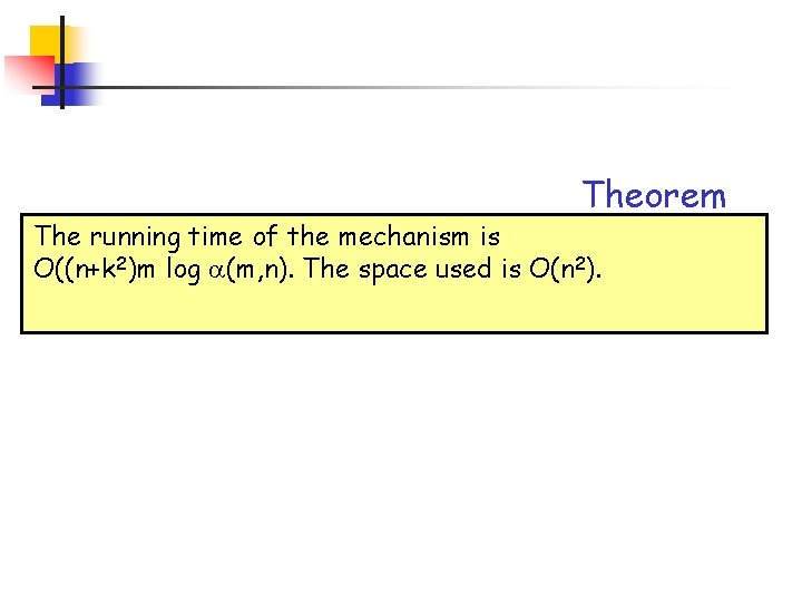 Theorem The running time of the mechanism is O((n+k 2)m log (m, n). The Theorem The running time of the mechanism is O((n+k 2)m log (m, n). The