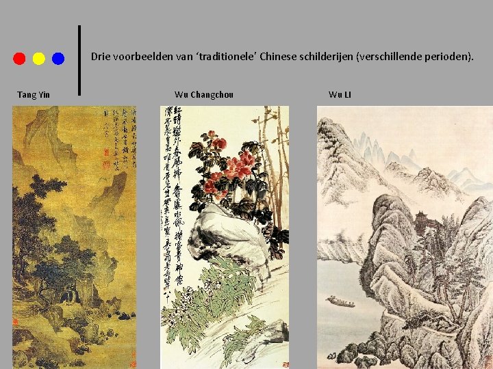 Drie voorbeelden van ‘traditionele’ Chinese schilderijen (verschillende perioden). Tang Yin Wu Changchou Wu LI