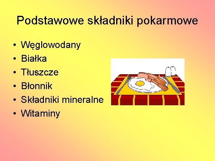 Podstawowe składniki pokarmowe • • • Węglowodany Białka Tłuszcze Błonnik Składniki mineralne Witaminy 