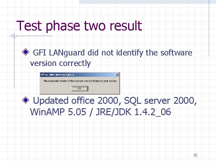 Test phase two result GFI LANguard did not identify the software version correctly Updated