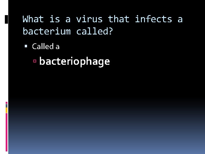 What is a virus that infects a bacterium called? Called a bacteriophage 