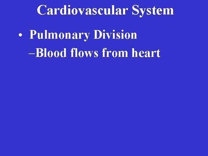 Cardiovascular System • Pulmonary Division –Blood flows from heart 