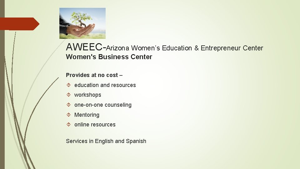 AWEEC-Arizona Women’s Education & Entrepreneur Center Women's Business Center Provides at no cost –